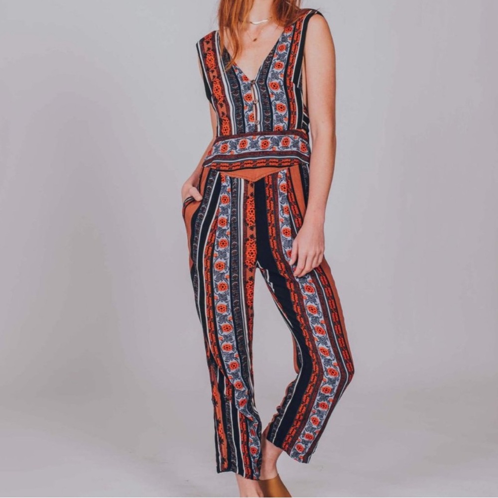 Free People Blue and Orange Bohemian Jumpsuit